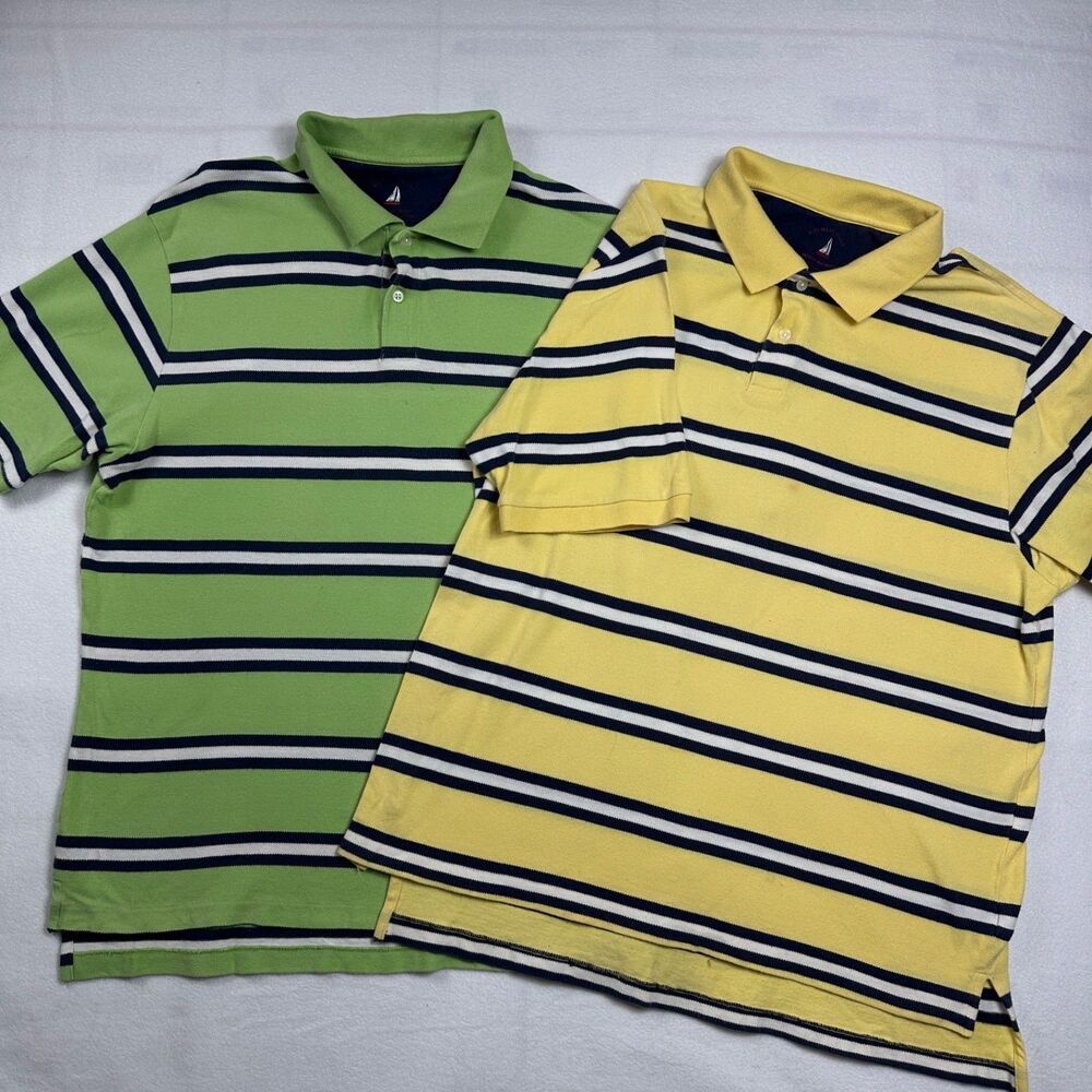 G.H. Bass & Co. Men's Polo Shirts Lot of 2 Size L Green Yellow Striped Cotton